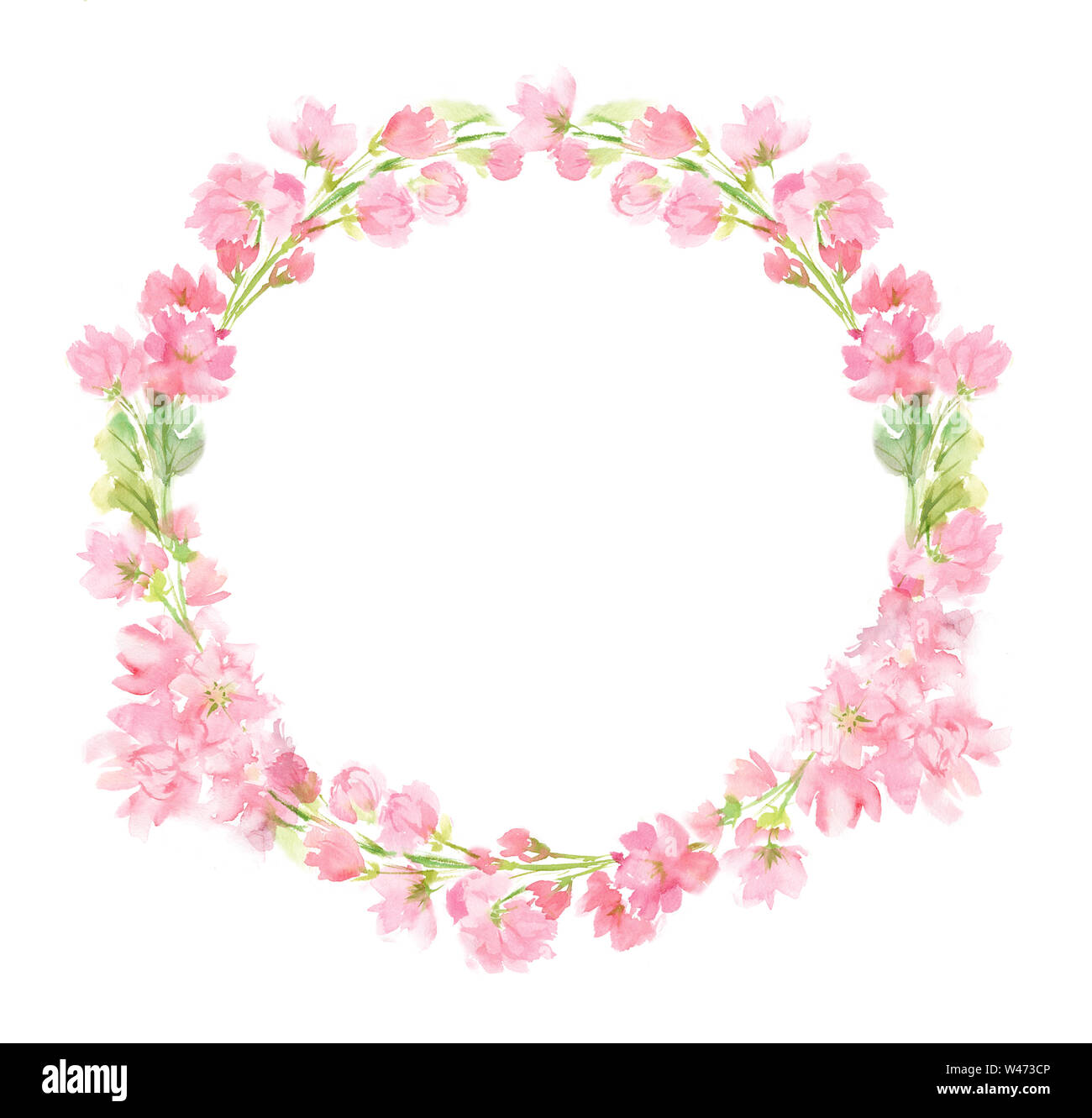 Rosa floreale astratta acquerello tutta la ghirlanda rotonda con colori pastello fiori e foglie dipinte a mano in disposizione circolare per il messaggio di saluto della scheda di nozze Foto Stock