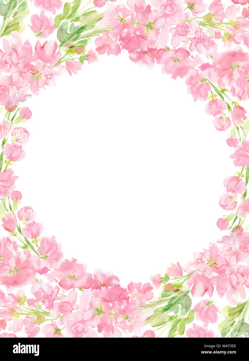 Rosa floreale astratta acquerello round telaio verticale a disposizione ghirlanda color pastello fiori e foglie dipinte a mano in background cerchio per il testo Foto Stock