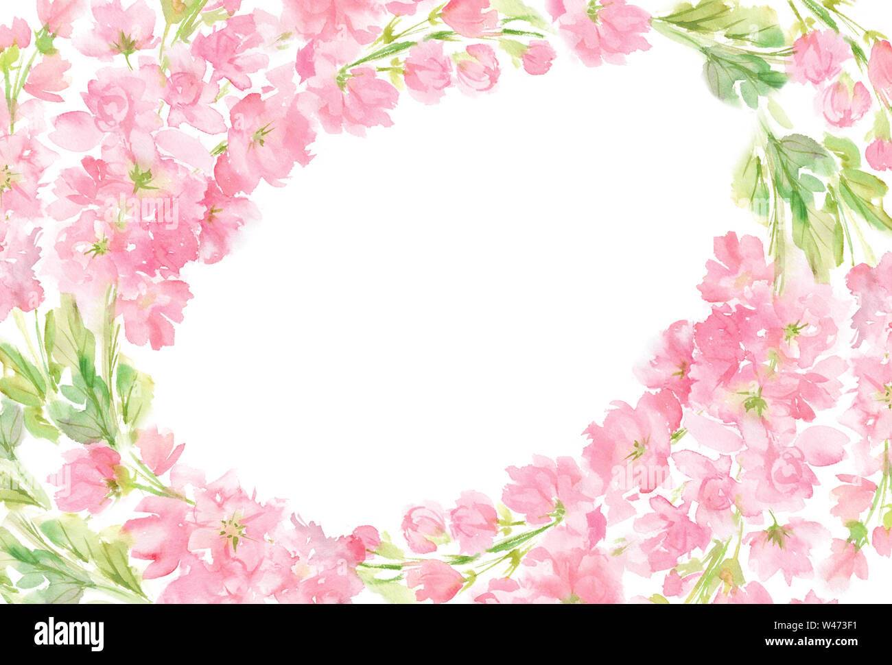 Rosa floreale astratta acquerello ovale telaio orizzontale corona disposizione color pastello fiori e foglie dipinte a mano in background cerchio per il testo Foto Stock