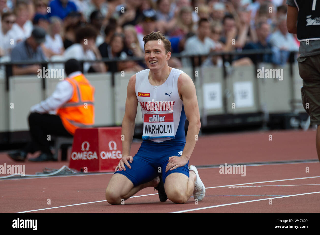 Londra, Inghilterra xx luglio Karsten Warholm (NOR) imposta un primato europeo nella 400m ostacoli durante il Muller anniversario giochi presso la London Stadium, Stratford sabato 21 luglio 2019. (Credit: Pat Scaasi | MI News) Credito: MI News & Sport /Alamy Live News Foto Stock