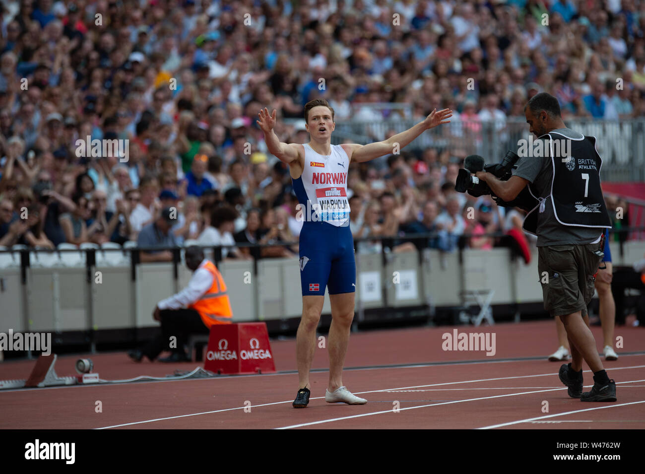 Londra, Inghilterra xx luglio Karsten Warholm (NOR) imposta un primato europeo nella 400m ostacoli durante il Muller anniversario giochi presso la London Stadium, Stratford sabato 21 luglio 2019. (Credit: Pat Scaasi | MI News) Credito: MI News & Sport /Alamy Live News Foto Stock