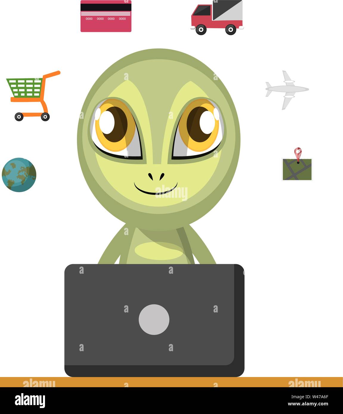 Alien lavorando su laptop, illustrazione vettore su sfondo bianco. Illustrazione Vettoriale