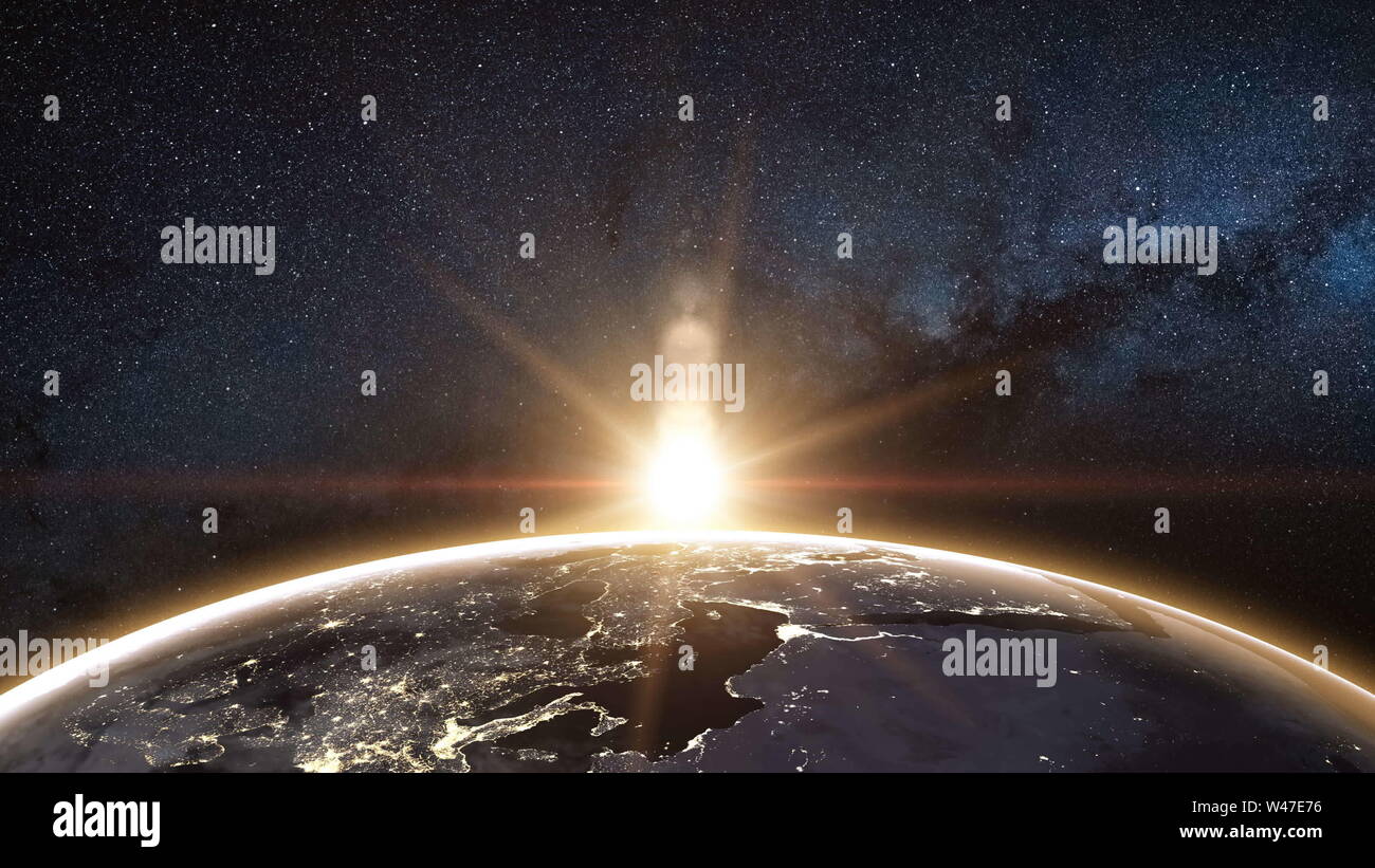 Sunrise vista dallo spazio sul Pianeta Terra. Mondo rotante sul suo asse in nero universo in stelle. Città luci di notte. Alta dettagliate in 3D Render Animazione. Gli elementi di questa immagine fornita dalla NASA Foto Stock