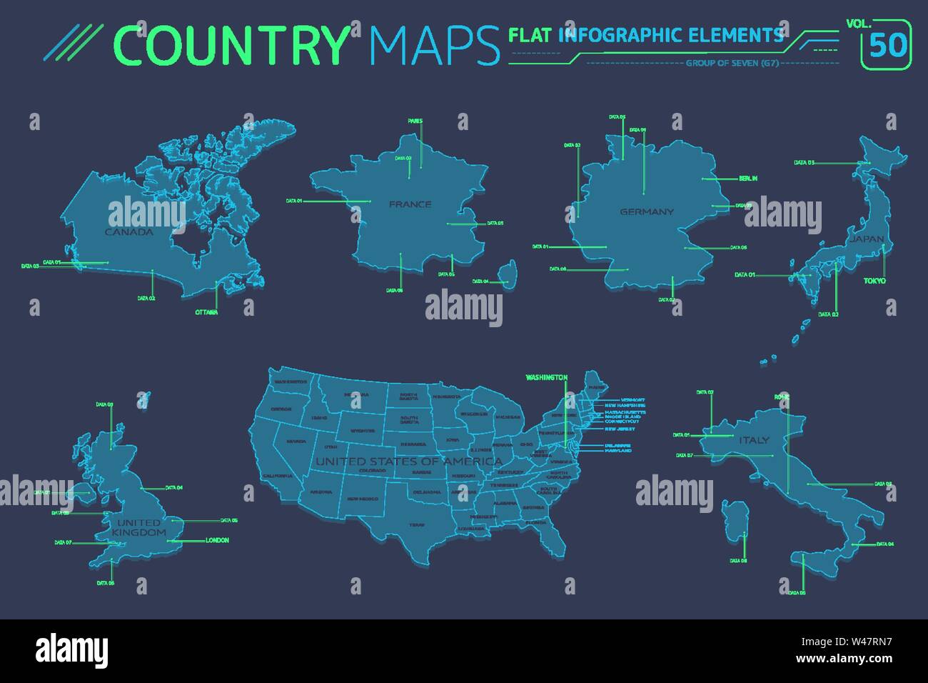 Il gruppo di sette G7, Regno Unito, Germania, Italia, Canada, Stati Uniti d'America, Francia e Giappone mappe vettoriali Illustrazione Vettoriale