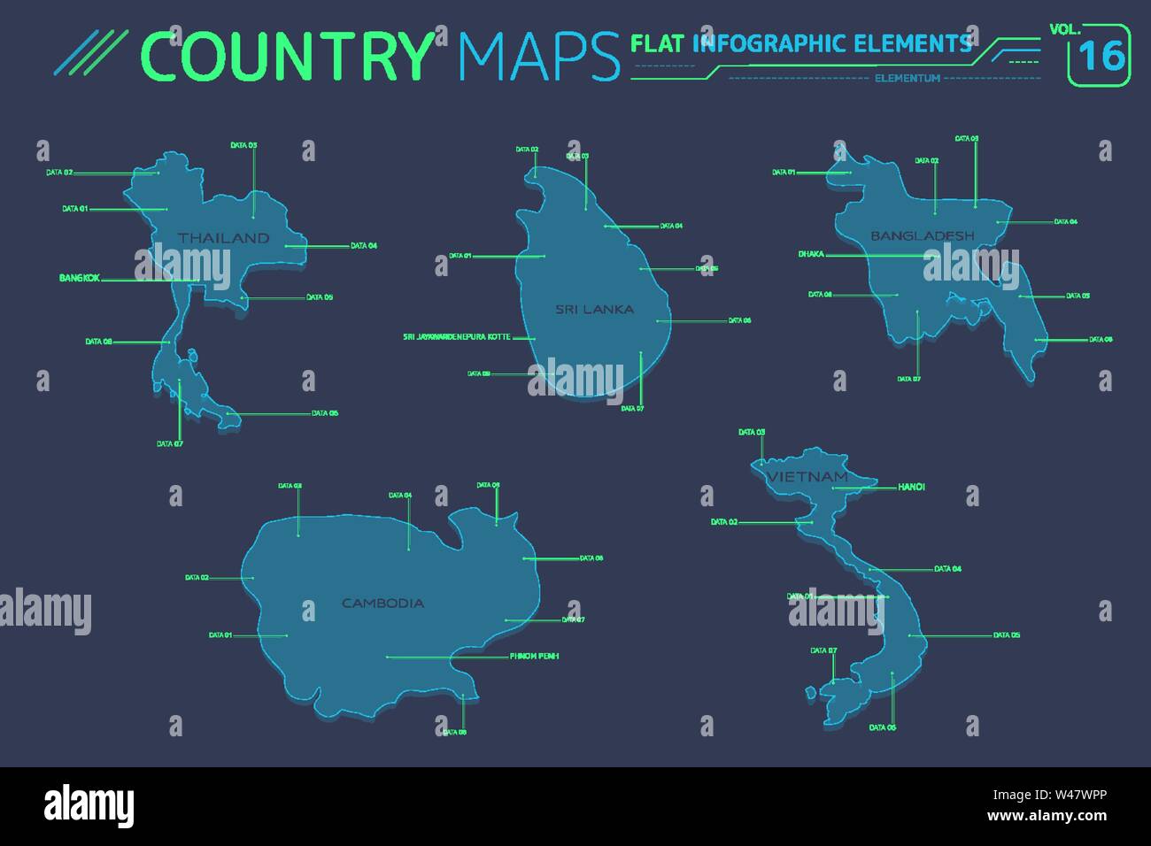 Thailandia, Cambogia, Vietnam, Bangladesh e Sri Lanka mappe vettoriali Illustrazione Vettoriale