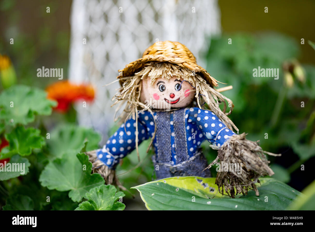 Flora oggetti vari giardino statuetta ornamentale spaventapasseri Foto Stock