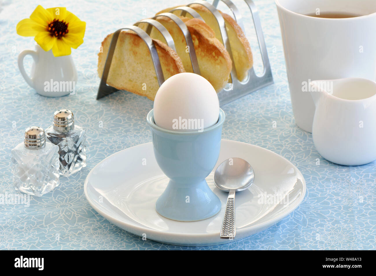 Bollito di fattoria fresco bianco uovo in eggcup blu su bianco e blu tovaglia modellato con pane tostato e tè. In formato orizzontale con il fuoco selettivo su eg Foto Stock