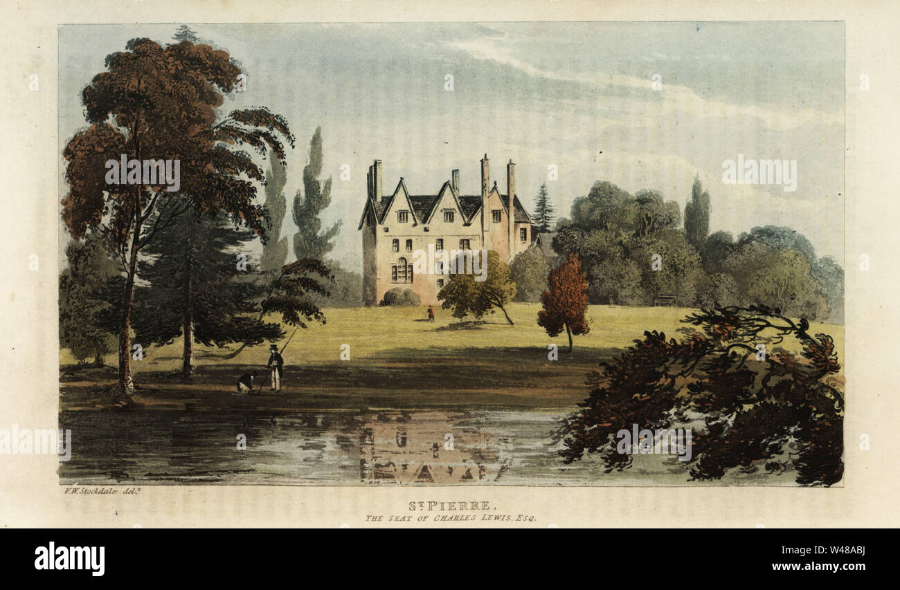 San Pierre Manor House, Monmouthshire, Galles, sede di Charles Lewis. Handcolored incisione su rame dopo una illustrazione da F.W.L. Stockdale da Rudolph Ackermann's repository delle Arti, Londra, 1825. Foto Stock