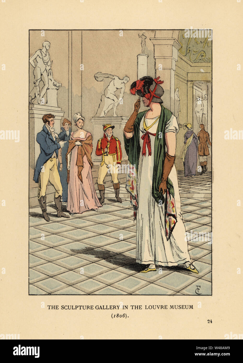 Moda Donna nella galleria di scultura del museo del Louvre, 1806. Indossa un cofano di paglia con le piume, scialle sopra un alto-sciancrato vestito. Il discus thrower Discobolo, di Myron e altre statue greche dietro. Litografia Handcolored dalla versione riveduta l dopo una illustrazione da Francois Courboin da Octave Uzanne della moda di Parigi, William Heinemann, Londra, 1898. Foto Stock