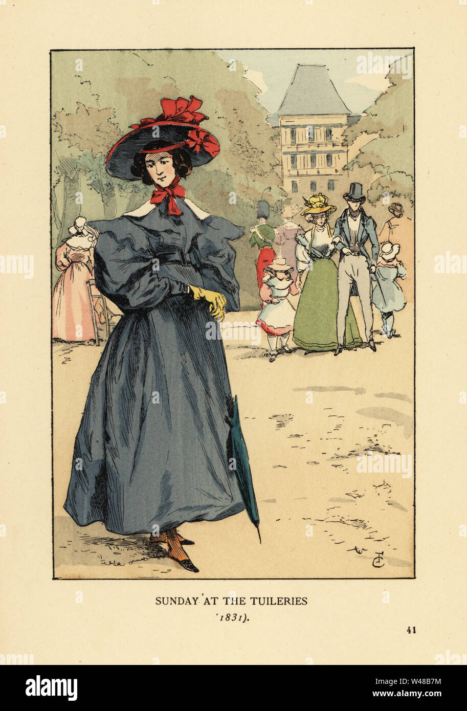 Donna promenading in Domenica nel Parco. Indossa una vasta-orlo hat, vestito con maniche, stivaletti e porta un ombrellone. Domenica presso il Giardino delle Tuileries, 1831. Litografia Handcolored dalla versione riveduta l dopo una illustrazione da Francois Courboin da Octave Uzanne della moda di Parigi, William Heinemann, Londra, 1898. Foto Stock