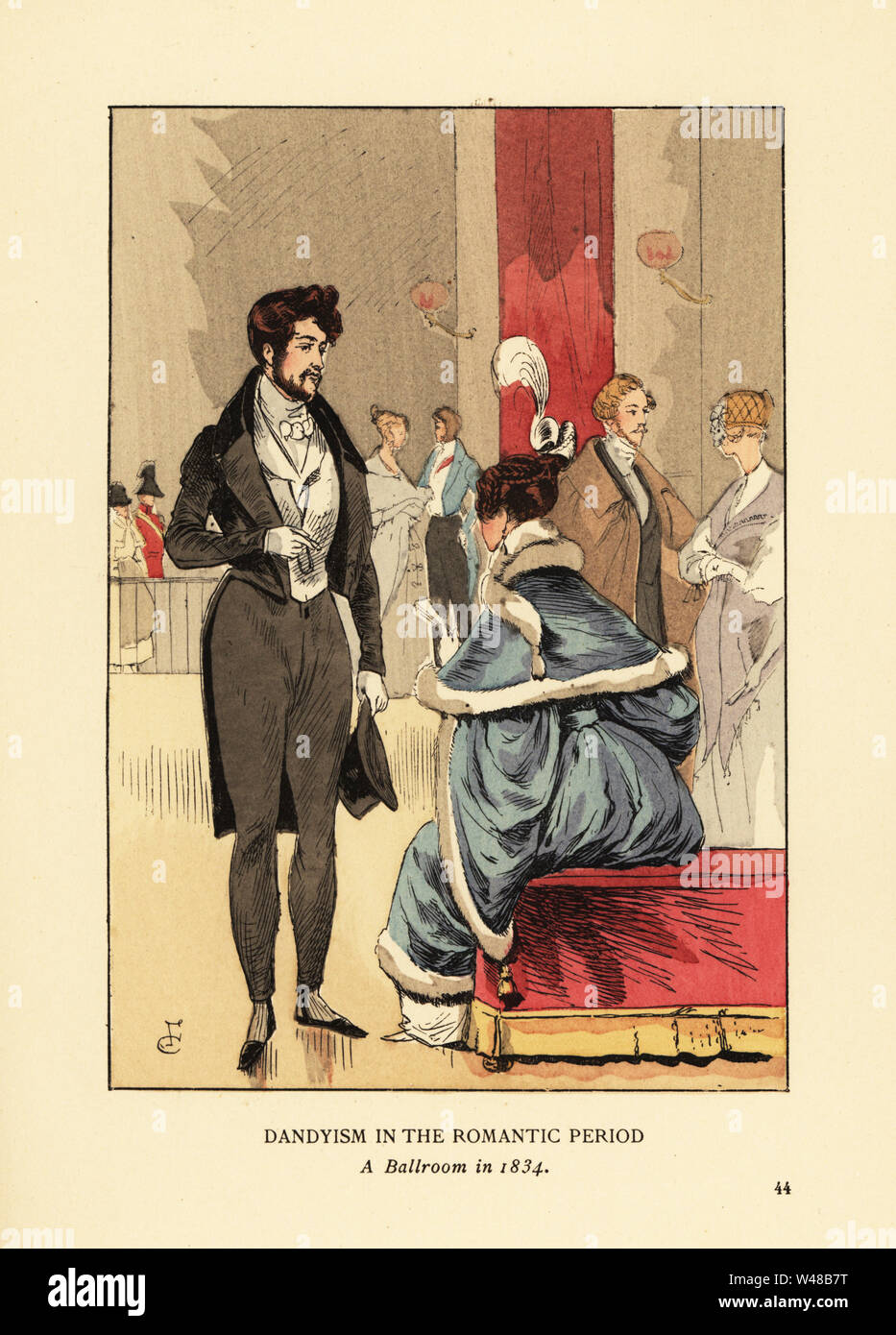 Dandyism nel periodo romantico, una sala da ballo in 1834. Fop in cappotto con le code e i pantaloni stretti e top hat. Donna in pelliccia abito di rivestimento con piuma in i suoi capelli. Litografia Handcolored dalla versione riveduta l dopo una illustrazione da Francois Courboin da Octave Uzanne della moda di Parigi, William Heinemann, Londra, 1898. Foto Stock