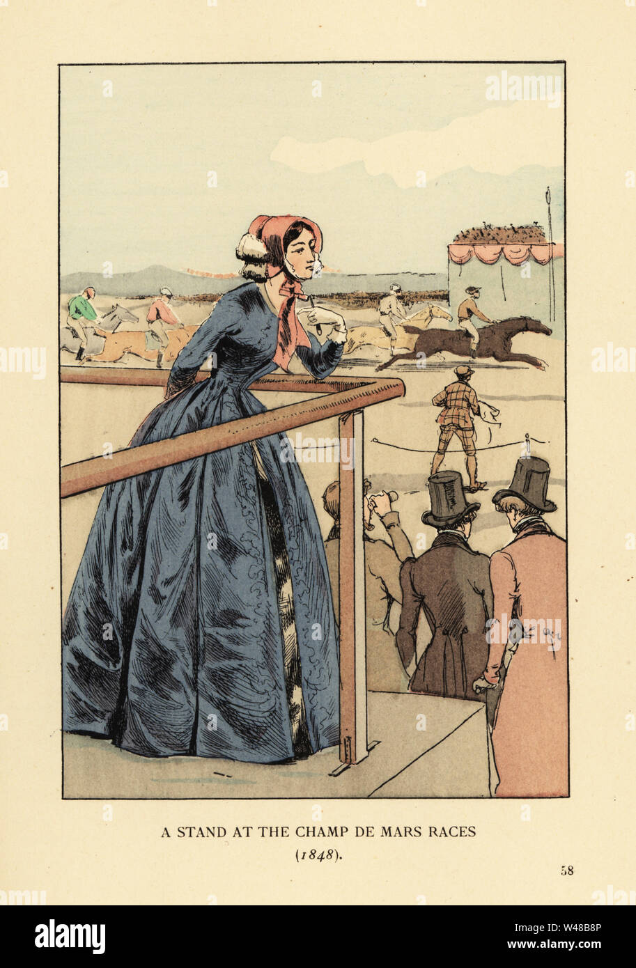 Donna guardando il cavallo di razza a Champ de Mars Racetrack. Indossa un cofano e redingote blu su una crinolina abito. Gli uomini in top hat e code. Uno stand al Champ de Mars gare, 1848. Litografia Handcolored dalla versione riveduta l dopo una illustrazione da Francois Courboin da Octave Uzanne della moda di Parigi, William Heinemann, Londra, 1898. Foto Stock