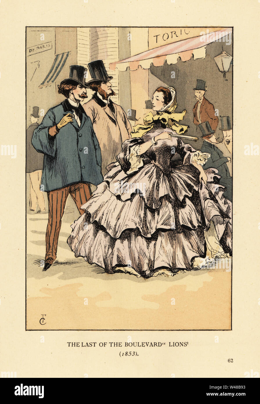 L'ultimo del boulevard leoni, 1853. La gente alla moda al di fuori tortone's ice cream cafe. Dandies in cima cappelli, jacquettes e pantaloni a strisce, donna nel cofano e ampia crinolina con balze o volants. Litografia Handcolored dalla versione riveduta l dopo una illustrazione da Francois Courboin da Octave Uzanne della moda di Parigi, William Heinemann, Londra, 1898. Foto Stock