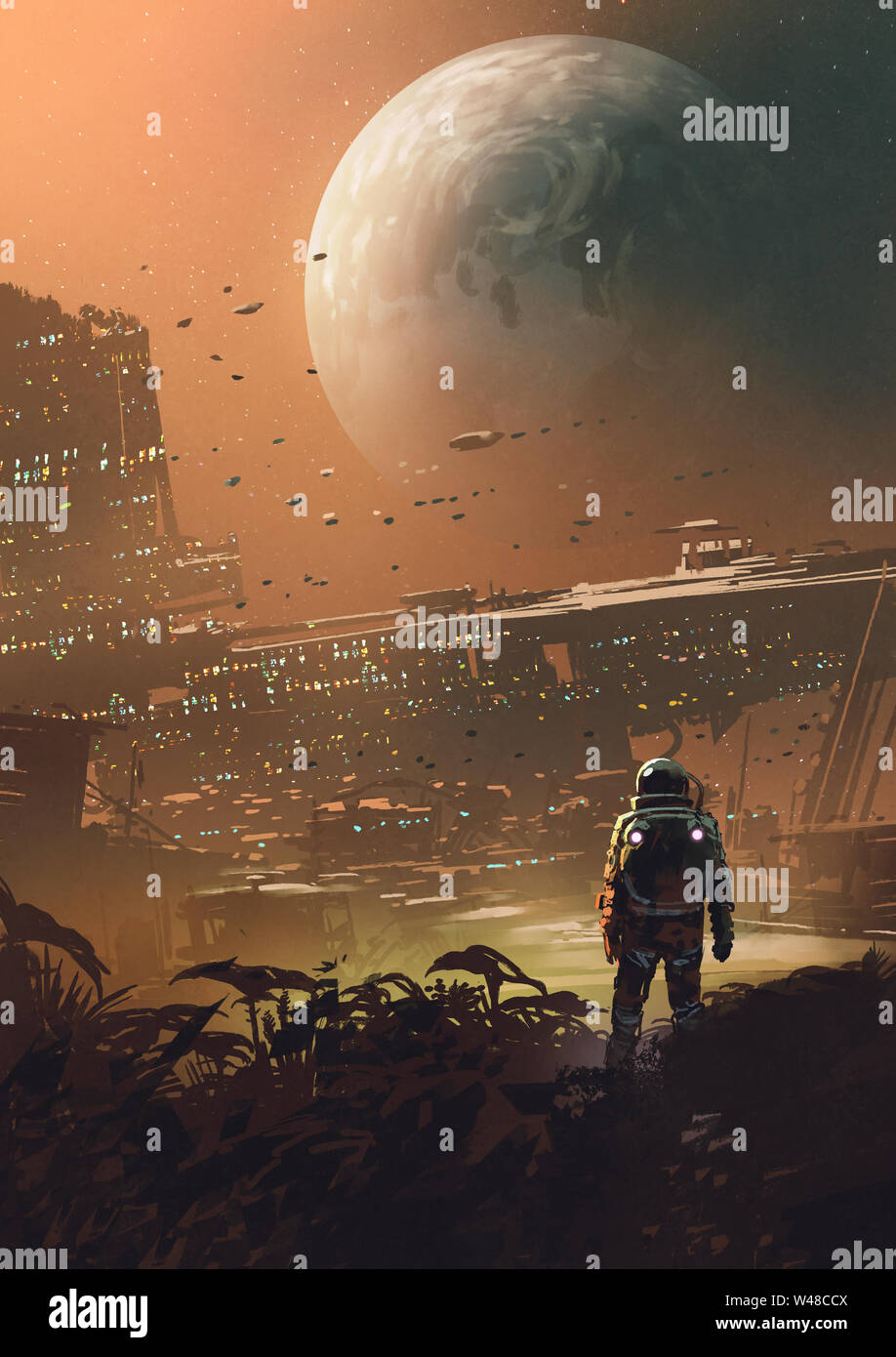 Astronauta guardando avveniristica città del pianeta, arte digitale stile, illustrazione pittura Foto Stock