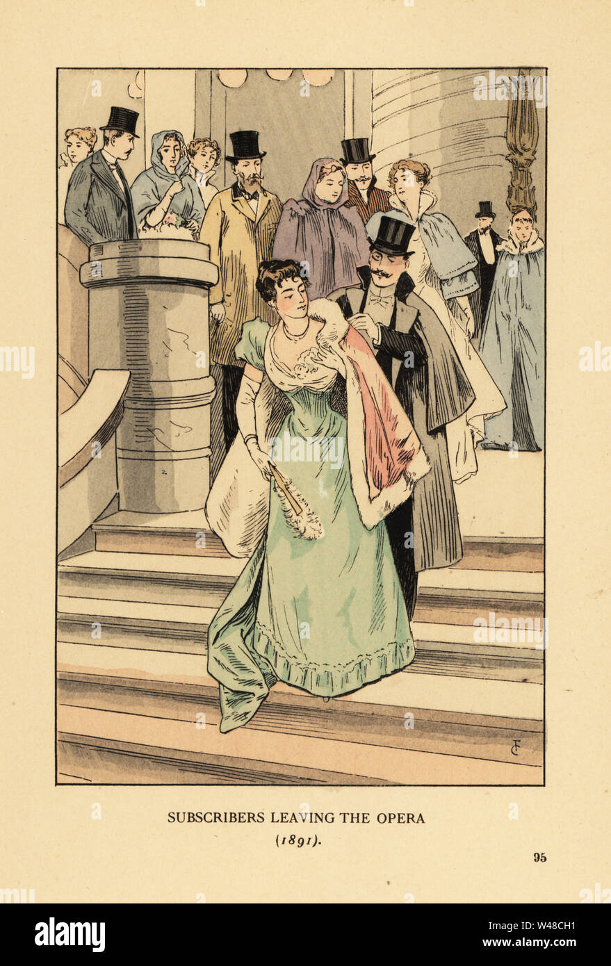 Gli abbonati di lasciare l'opera, 1891. Gentleman in top hat e bianco-tie assistere una donna con la sua pelliccia cape sulle scale dell'Opera di Parigi. Litografia Handcolored dalla versione riveduta l dopo una illustrazione da Francois Courboin da Octave Uzanne della moda di Parigi, William Heinemann, Londra, 1898. Foto Stock