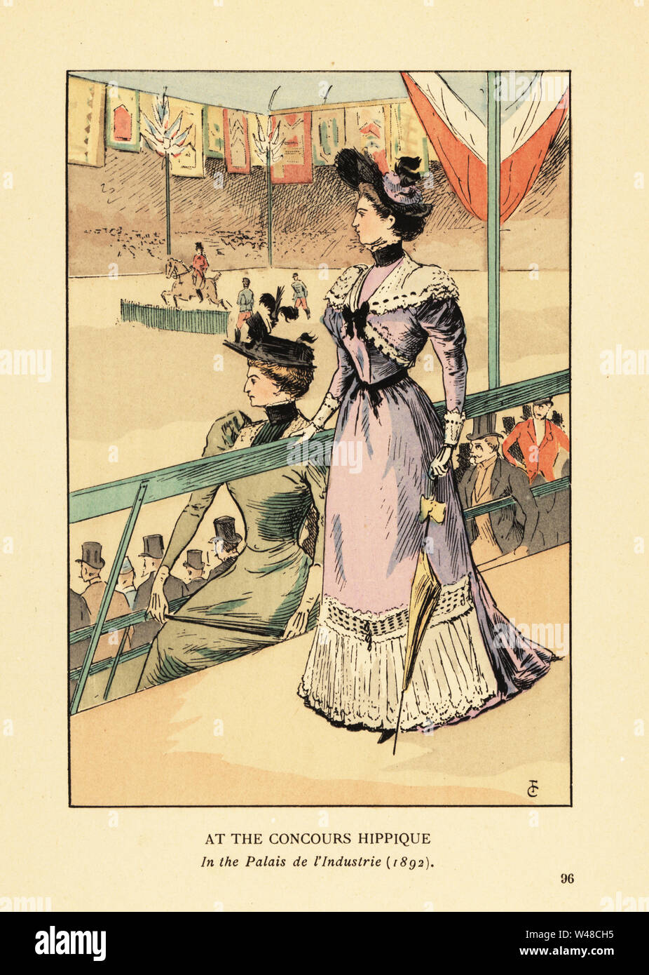 Al Concours Hippique al Palais d'Industrie, 1892. Donna in abito lilla con pizzo, guardando uno spettacolo equestre da una tribuna. Il Concours hippique Centrale de Paris è un cavallo mostra che si svolge ogni anno in primavera.Handcolored litografia dalla versione riveduta l dopo una illustrazione da Francois Courboin da Octave Uzanne della moda di Parigi, William Heinemann, Londra, 1898. Foto Stock