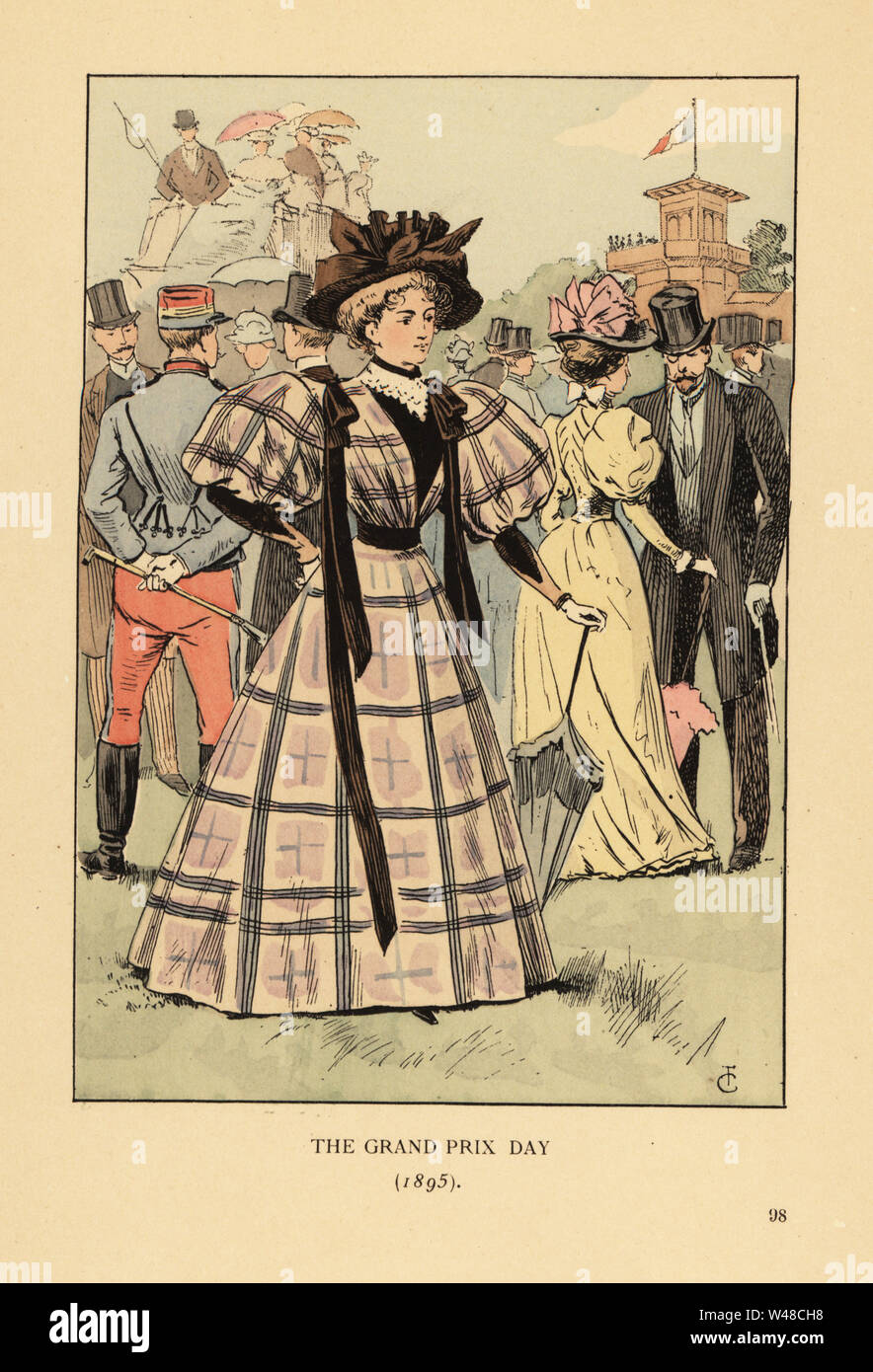 Il Grand Prix giorno, 1895. La donna a controllare Abito con maniche larghe e nastri a Longchamp race track per una grande gara. La folla del quartiere alla moda di colleghi in cima cappelli, i soldati e i passeggeri di carrozze. Litografia Handcolored dalla versione riveduta l dopo una illustrazione da Francois Courboin da Octave Uzanne della moda di Parigi, William Heinemann, Londra, 1898. Foto Stock