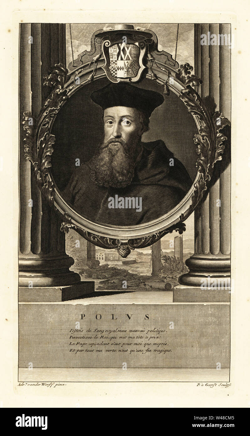 Reginald Pole, Cardinale, Arcivescovo di Canterbury. Polus. Indossa una tunica mozzetta e biretta hat. Con stemma. Incisione su rame di Pieter Stevens van Gunst dopo Adriaen van der Werff da Isacco de Larrey's Histoire d'Angleterre, d'Ecosse et d'Irlande, Reinier Leers, Rotterdam, 1713. Foto Stock