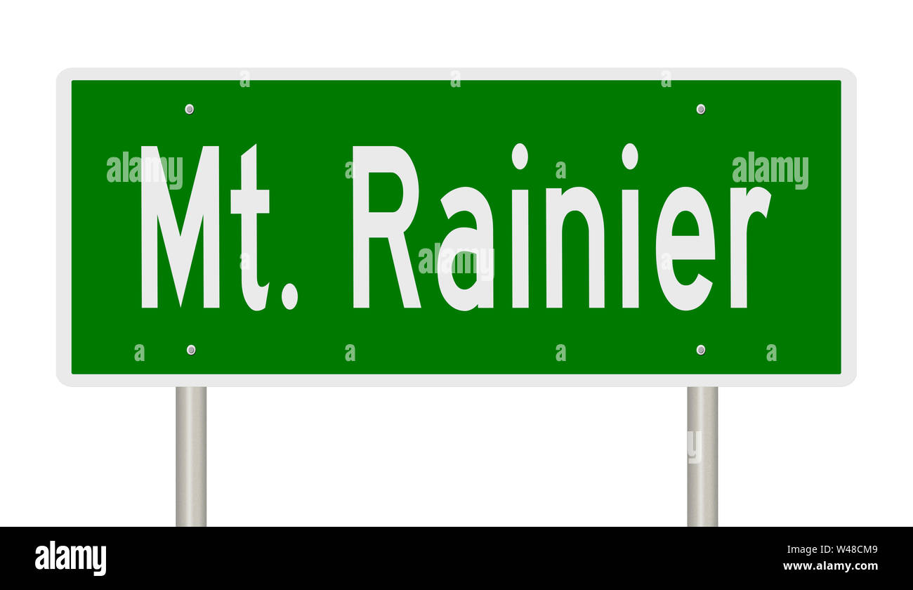 Il rendering di un verde autostrada segno per Mt. Rainier Washington Foto Stock