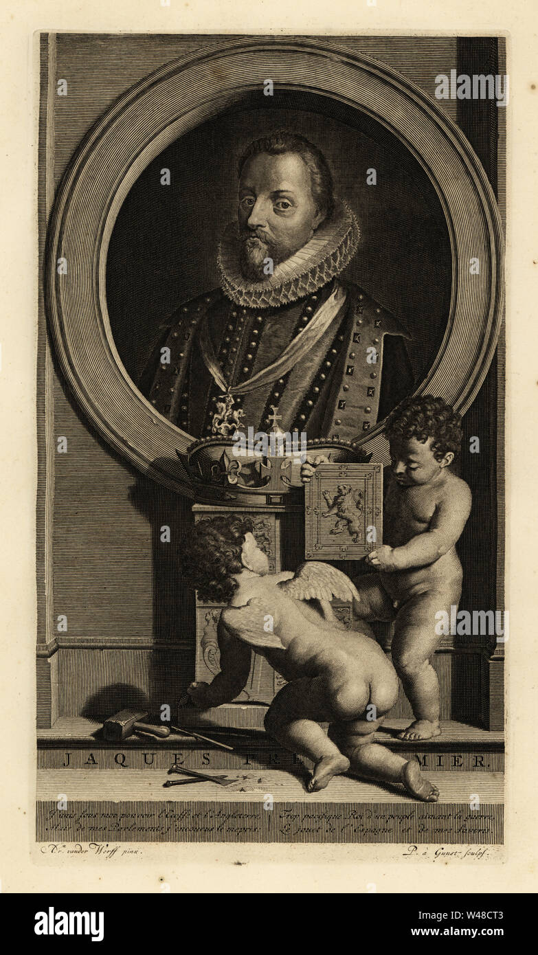 Giacomo VI di Scozia, Giacomo I d'Inghilterra, James Charles Stuart. Jacques Premier. In merletto ruff collare il cappotto e doppietto, anta con la figura di San Giorgio e il drago. Due putti assemblare uno stemma sotto una corona. Incisione su rame di Pieter Stevens van Gunst dopo Adriaen van der Werff da Isacco de Larrey's Histoire d'Angleterre, d'Ecosse et d'Irlande, Amsterdam, 1730. Foto Stock