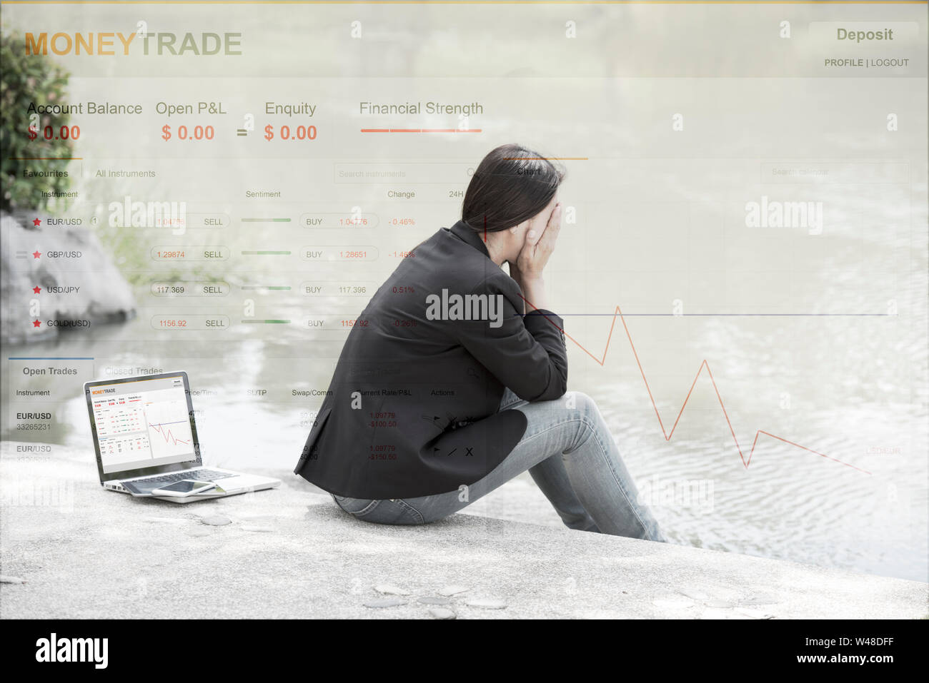 Imprenditrice guardando il fallimento nel mondo degli investimenti di denaro del commercio. Guasto i concetti di business. Foto Stock