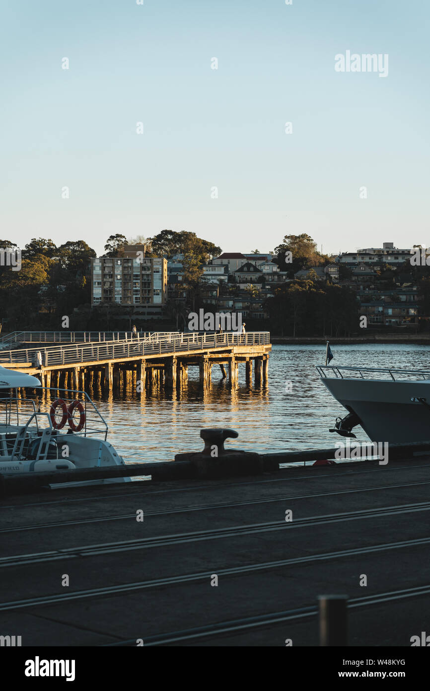 Pyrmont, Nuovo Galles del Sud - Luglio 18th, 2019: Early Morning Sun lights Darling isola al Parco Pirrama/Jones Bay Wharf, Sydney NSW. Foto Stock
