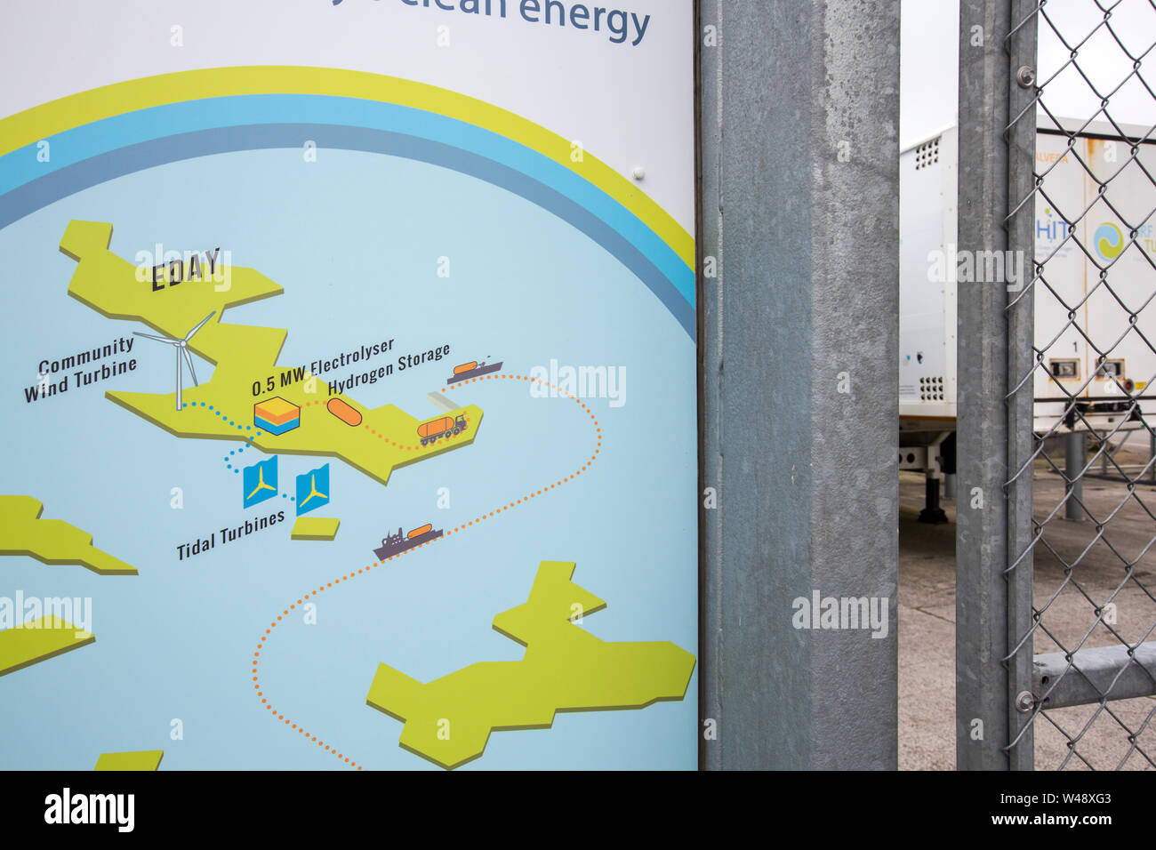 Il colpo grande progetto che utilizza fonti di energia rinnovabili da una turbina eolica e tidal turbine per la produzione di idrogeno. Così come l'alimentazione di una flotta di veicoli th Foto Stock