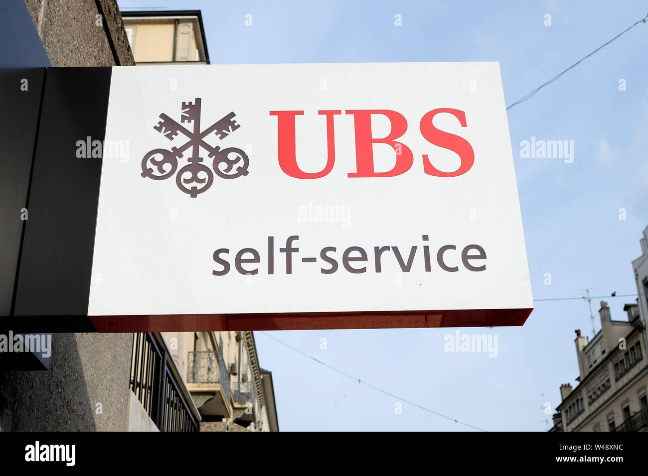 UBS bank segno, Ginevra, Svizzera Foto Stock