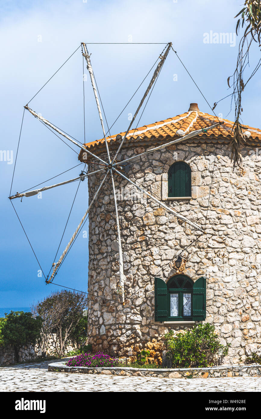 Il vecchio mulino a vento a Capo Skinari, Zante Island, Grecia Foto Stock