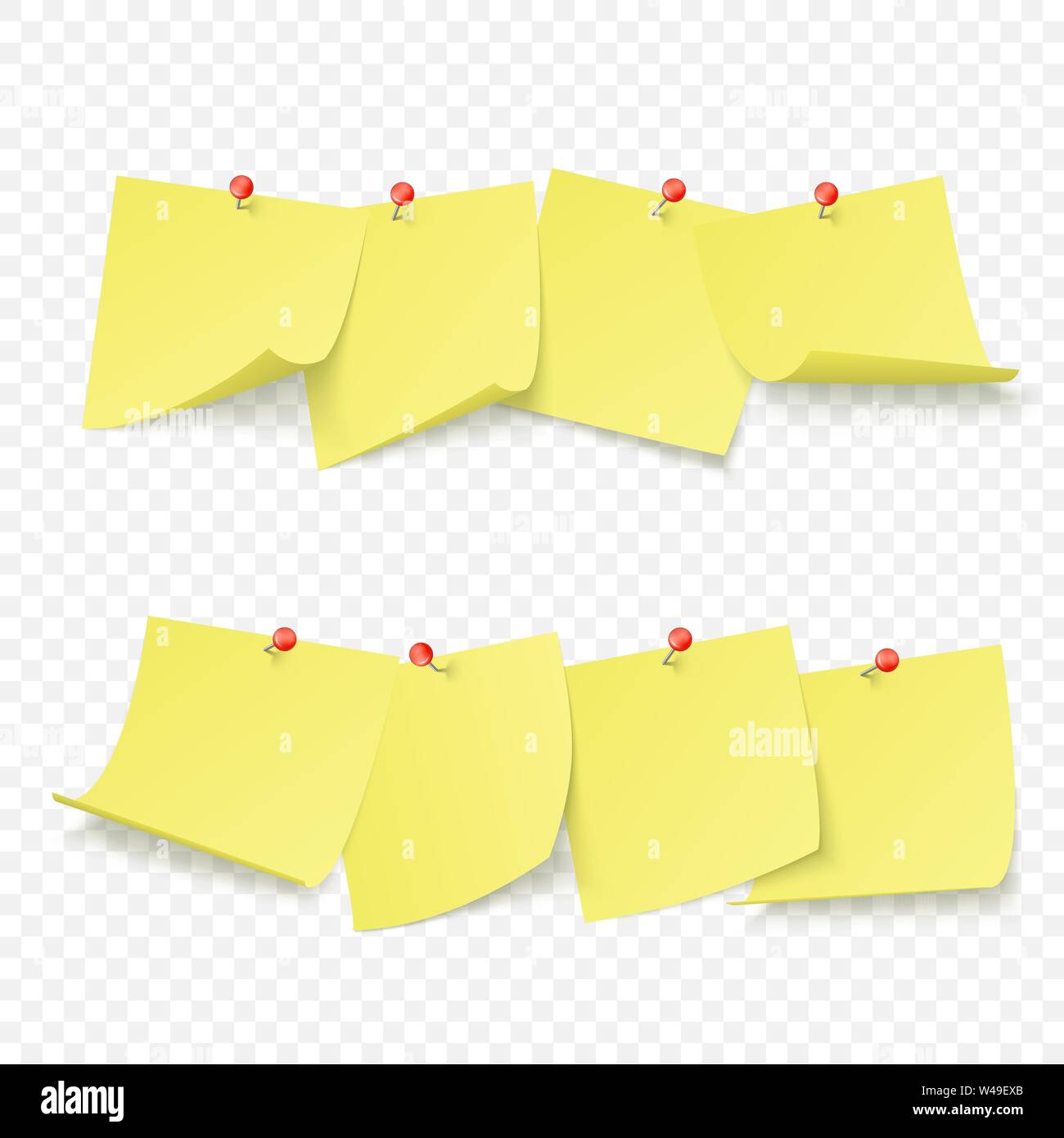 Scheda promemoria con vuoto adesivi giallo fissata con perni di rosso. Illustrazione di vettore isolato su sfondo trasparente Illustrazione Vettoriale