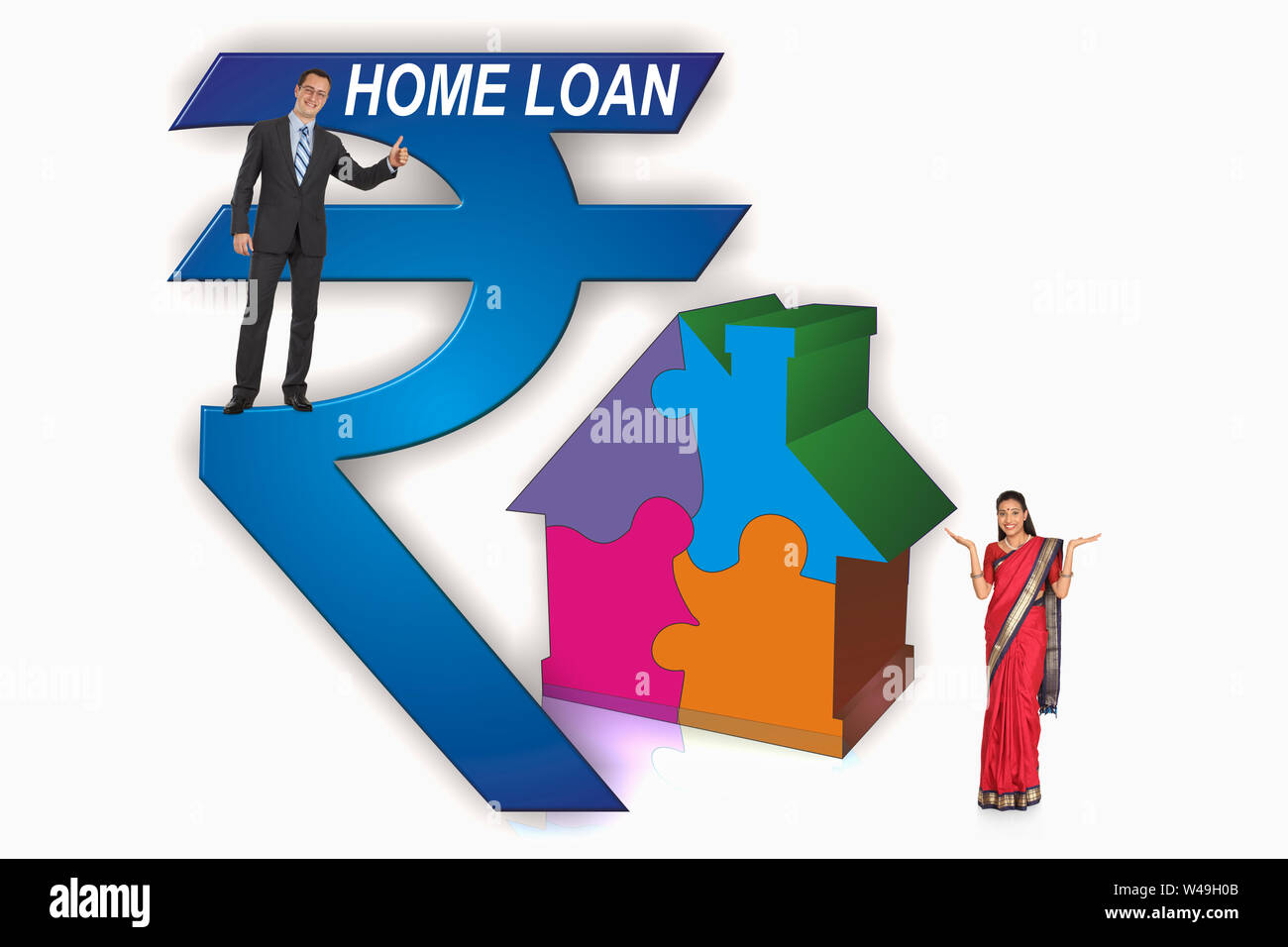 Donna in piedi a casa banner prestito con uomo d'affari mostrando pollici in su segno Foto Stock