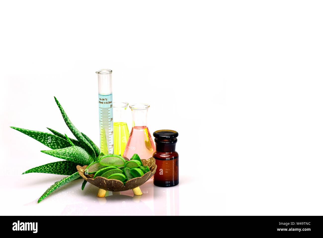 Aloe vera gel, olio essenziale estratto vegetale e vitamine, la ricetta segreta per il viso, la cute e i capelli anti-terapia agining visualizzati sul backgrou bianco Foto Stock