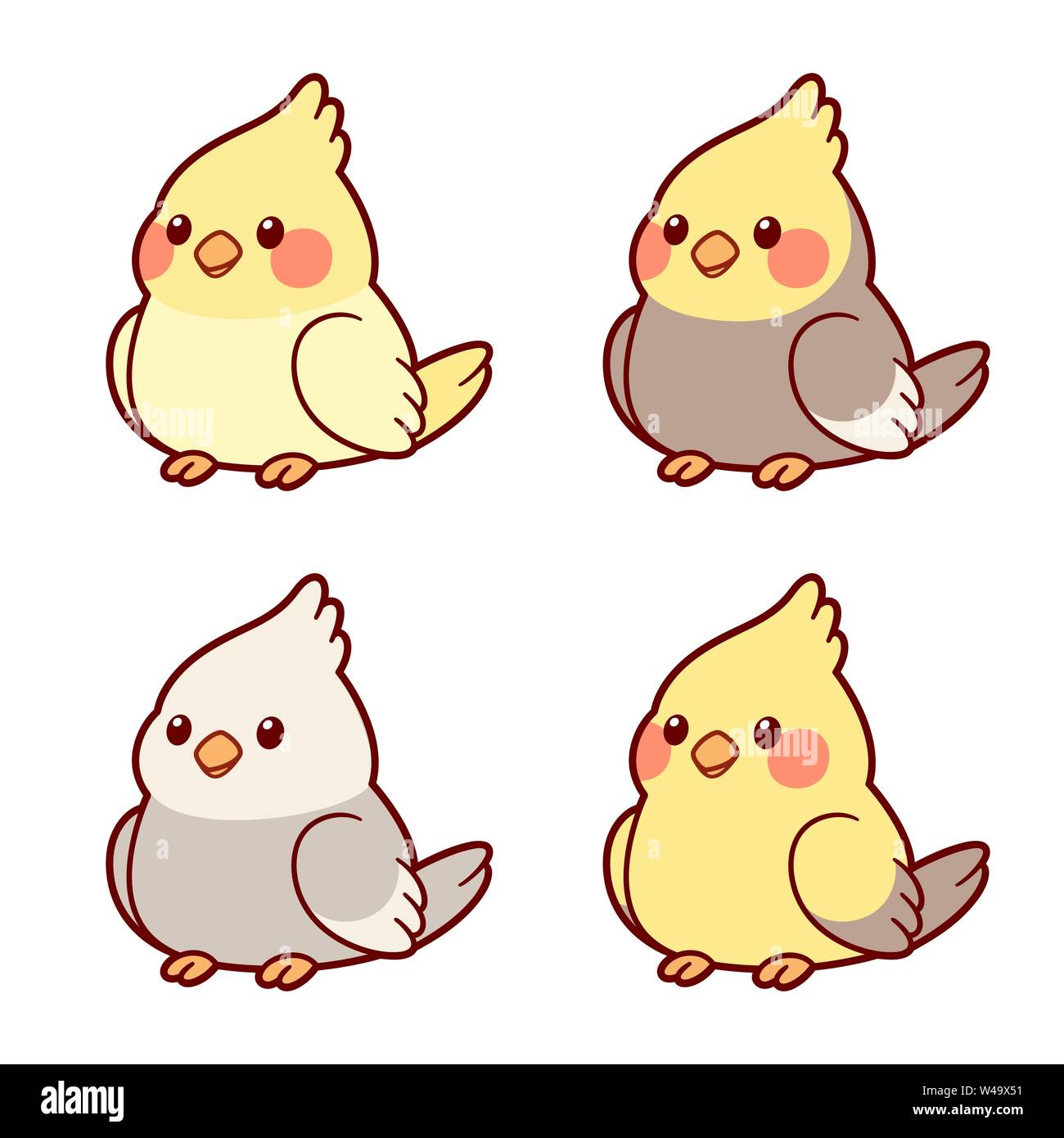 Cartoon carino cockatiel pappagalli illustrazione set. Diverse mutazioni di colore giallo e combinazioni di colore grigio. Vettore isolato clip art, adorabile disegno s Illustrazione Vettoriale