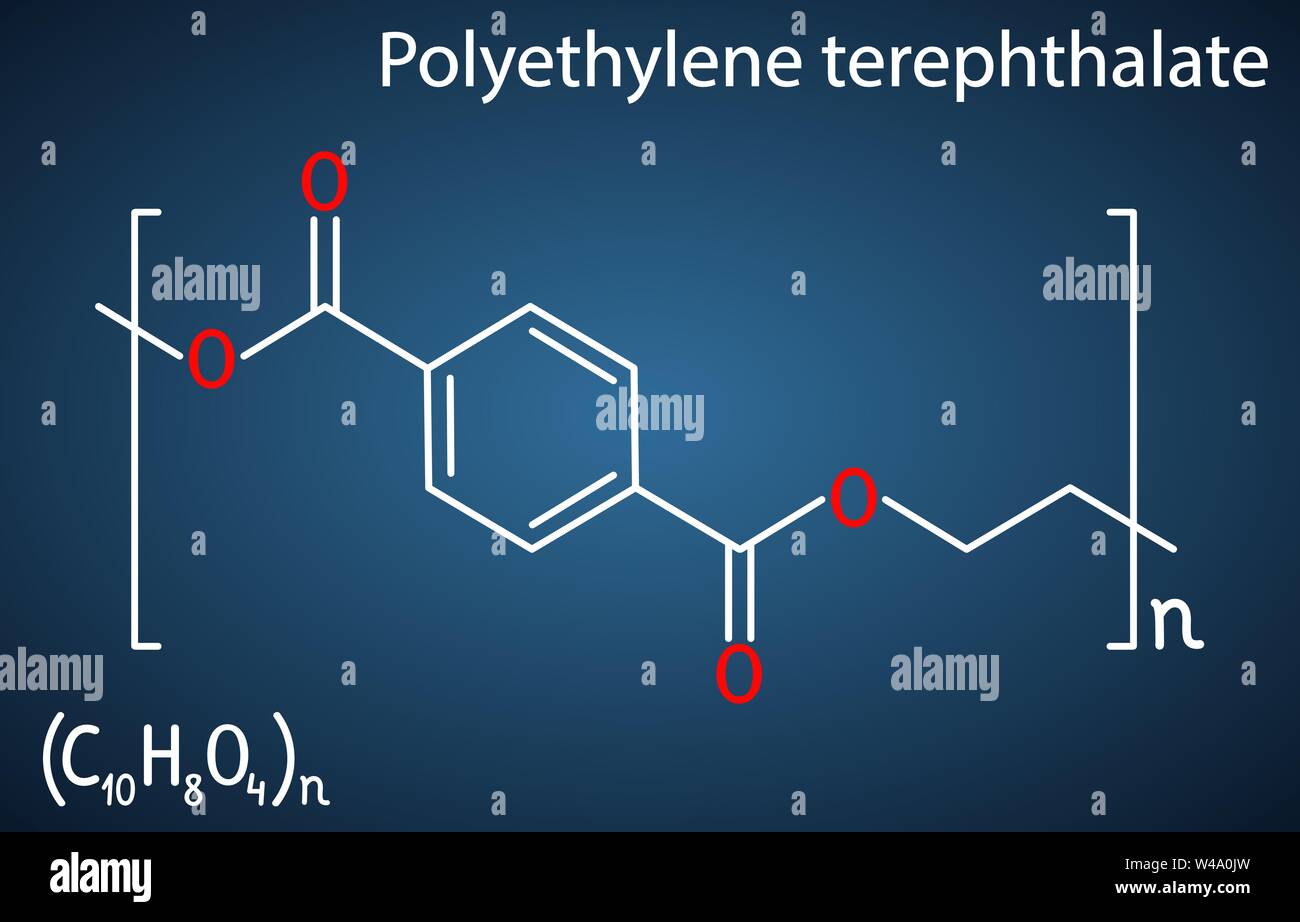 Fogli di polietilene tereftalato o PET, PETE poliestere termoplastico molecola di polimero. Formula chimica di struttura su sfondo blu scuro. Mal di vettore Illustrazione Vettoriale