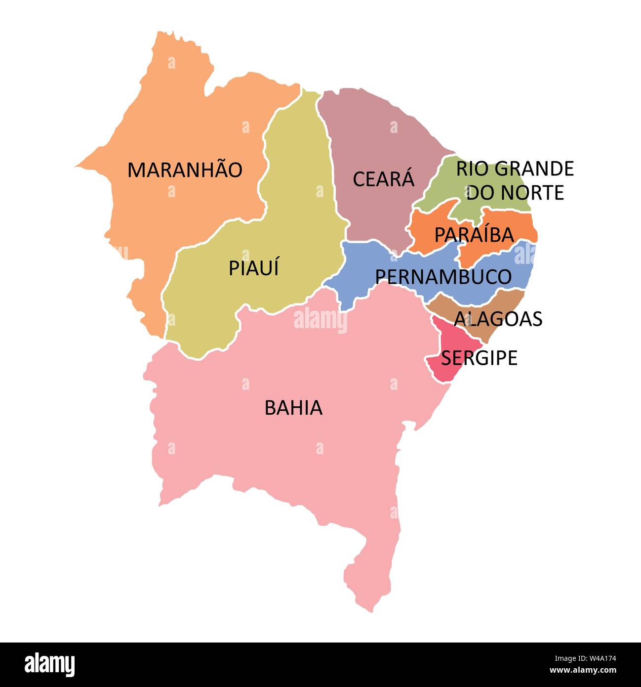 Il Brasile Nordeste mappa isolati su sfondo bianco Illustrazione Vettoriale