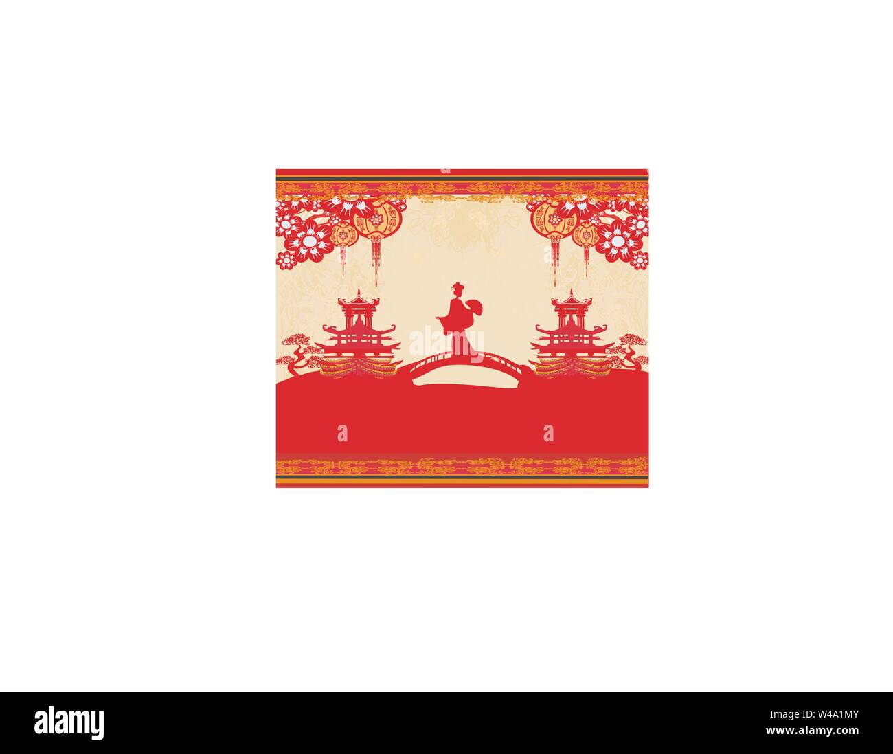 Abstract cornice decorativa con ragazza asiatica Illustrazione Vettoriale