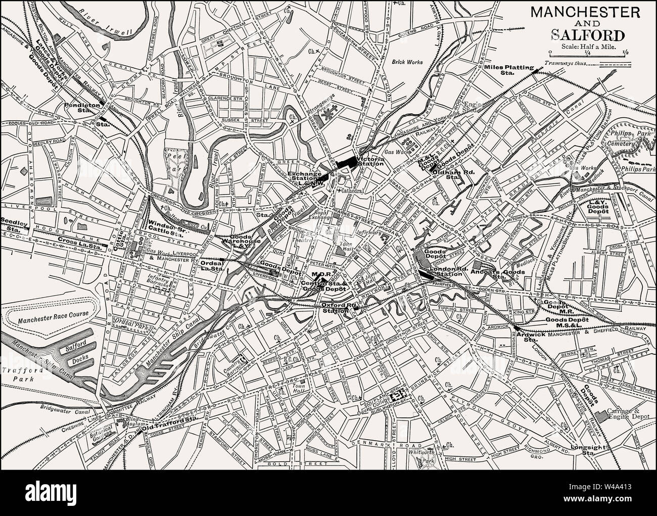Mappa di Manchester e Salford, England, Regno Unito, XIX secolo Foto Stock