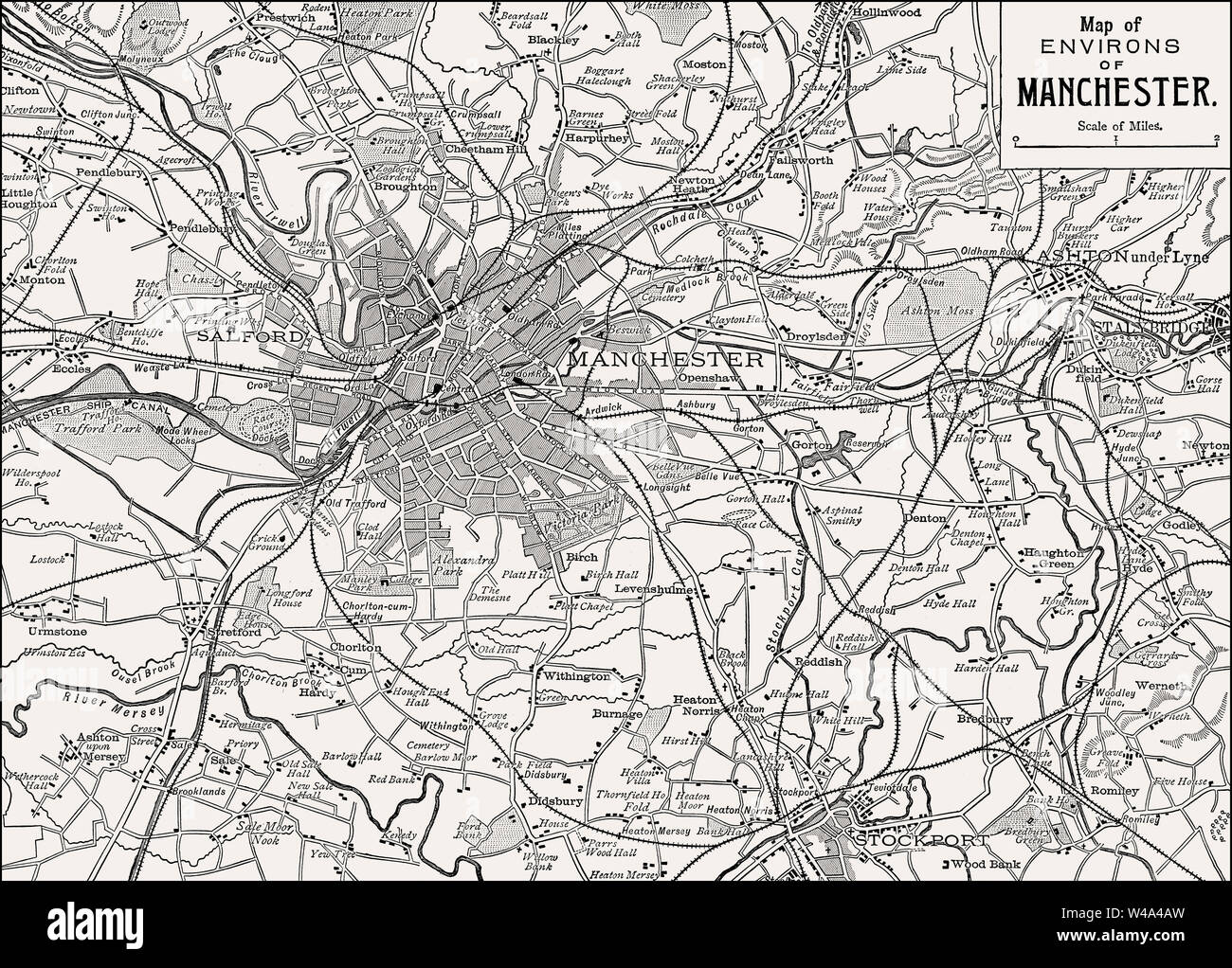 Mappa di Greater Manchester, Inghilterra, Regno Unito, secolo XIX Foto Stock