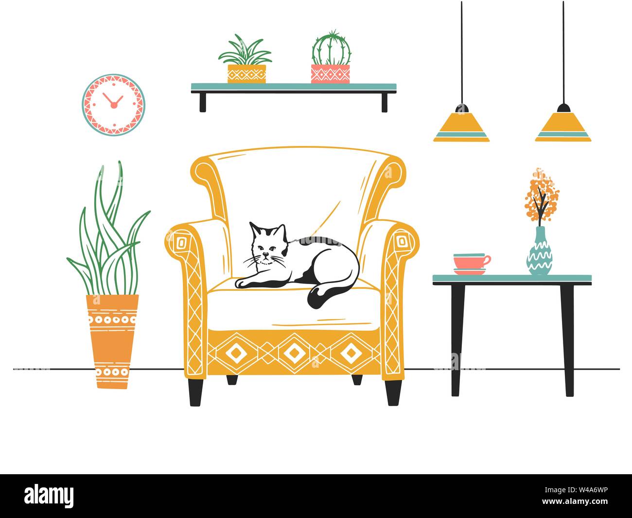 Lo stile scandinavo interni. Mobili e vari componenti interni. Poltrona, gatto sulla sedia. Il Pet. Illustrazione Vettoriale