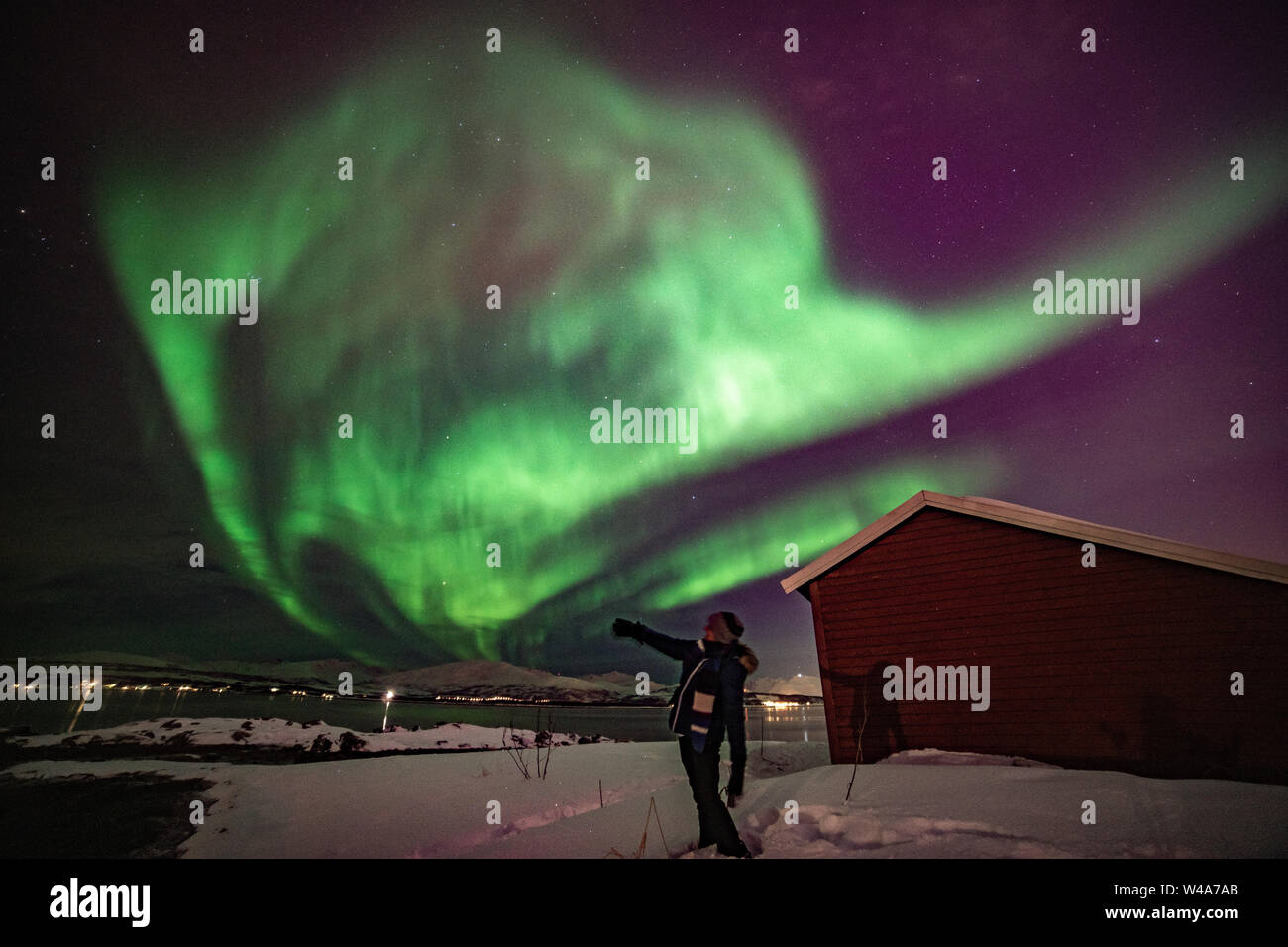 Aurora Boreale, wunderschöne Nordlichter in Norwegen, Tromsö, Sudspissen Foto Stock