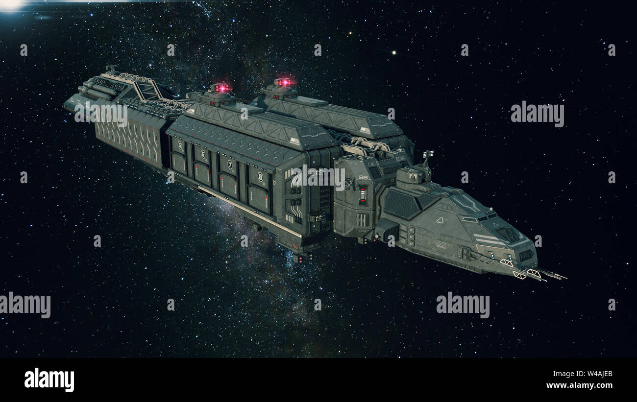 Astronave nello spazio, navicella spaziale che vola attraverso l'universo con una luminosa stella a distanza Foto Stock