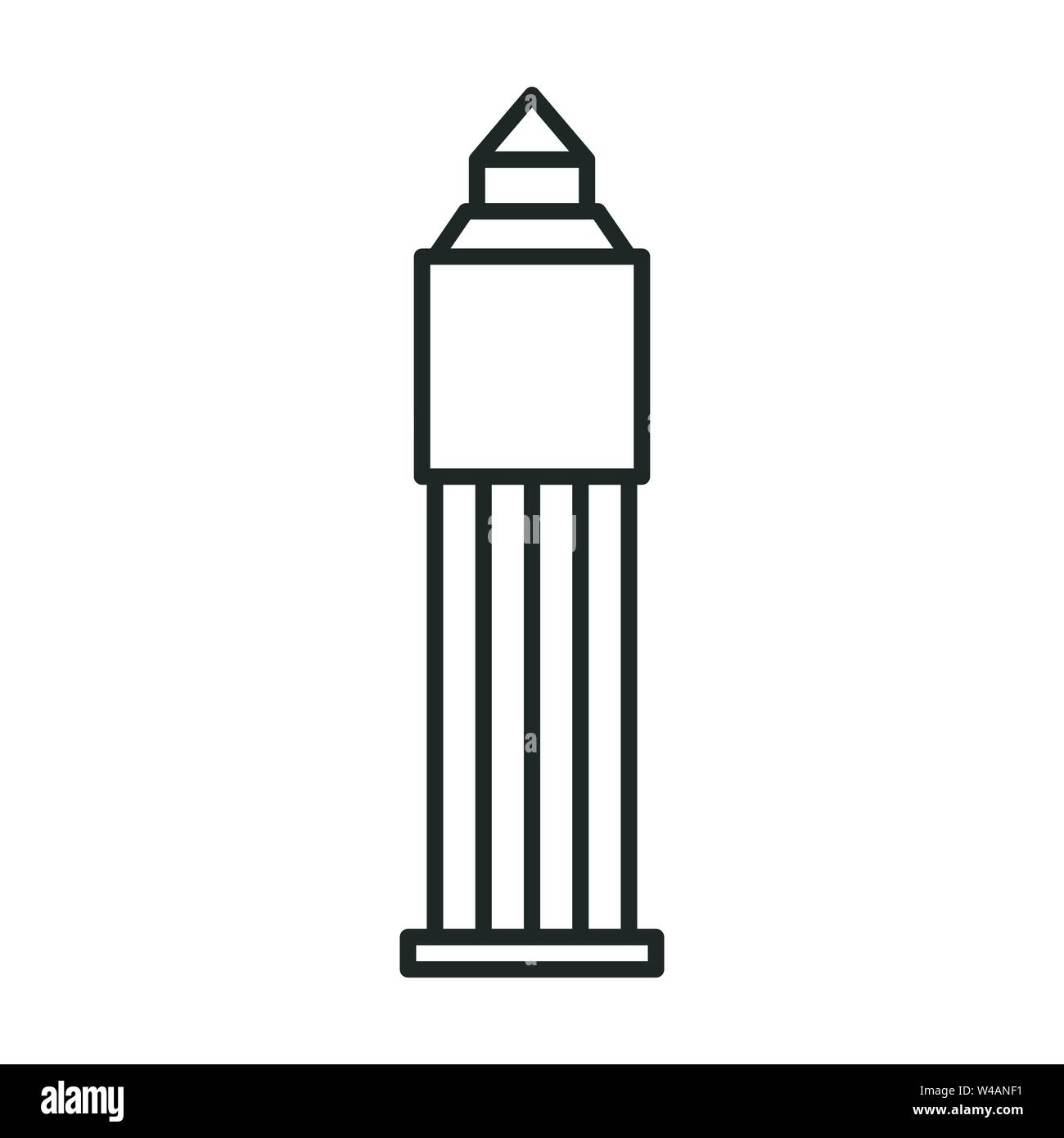 Torre ufficio edificio icona della linea di contorno, segno del vettore, stile lineare pittogramma isolato su bianco. Business center il simbolo della torre, logo illustrazione. Illustrazione Vettoriale