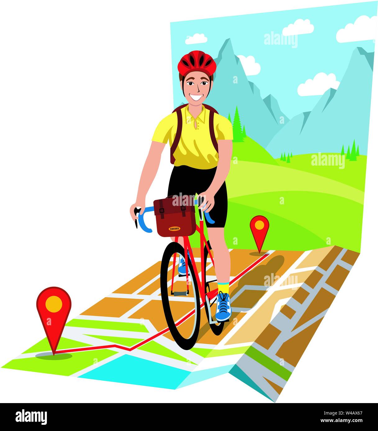 Illustrazione di un uomo sorridente con il casco e zaino in sella a una moto su una mappa con un percorso segnalato e un montagnoso rurale di fondo. Illustrazione Vettoriale