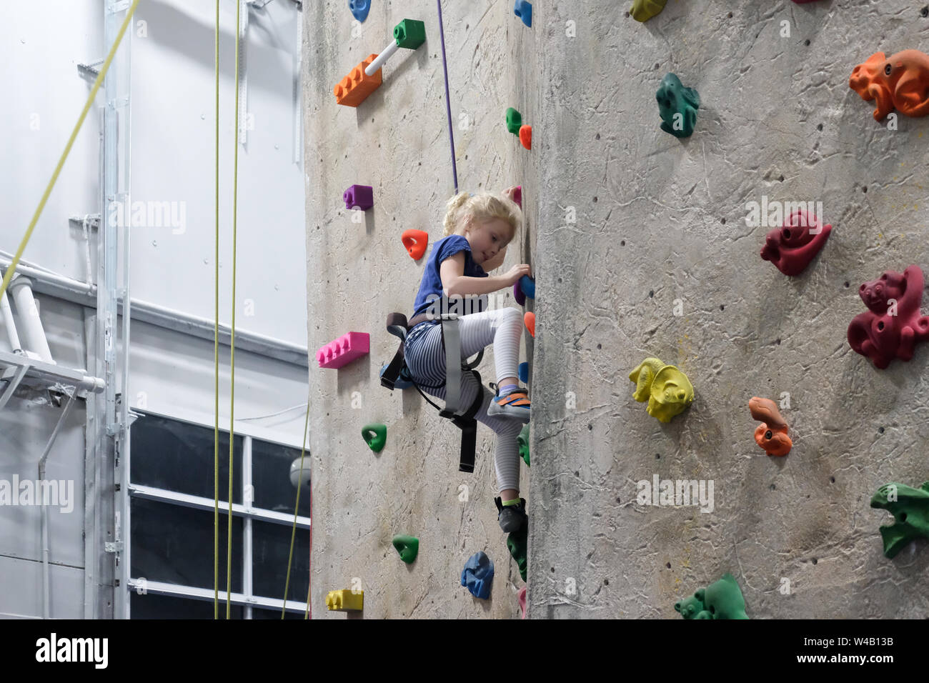 Ragazza giovane arrampicata su parete di roccia in roccia indoor palestra di arrampicata Foto Stock