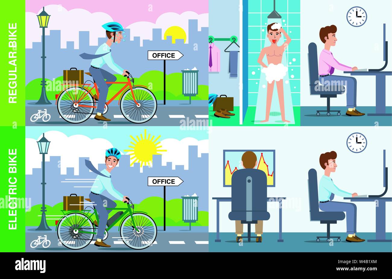 Illustrazione dell'uomo usando una normale bicicletta per lavoro, doccia e seduto alla scrivania in ufficio contro uomo con bicicletta elettrica arriva in ufficio pronto a lavorare. Illustrazione Vettoriale