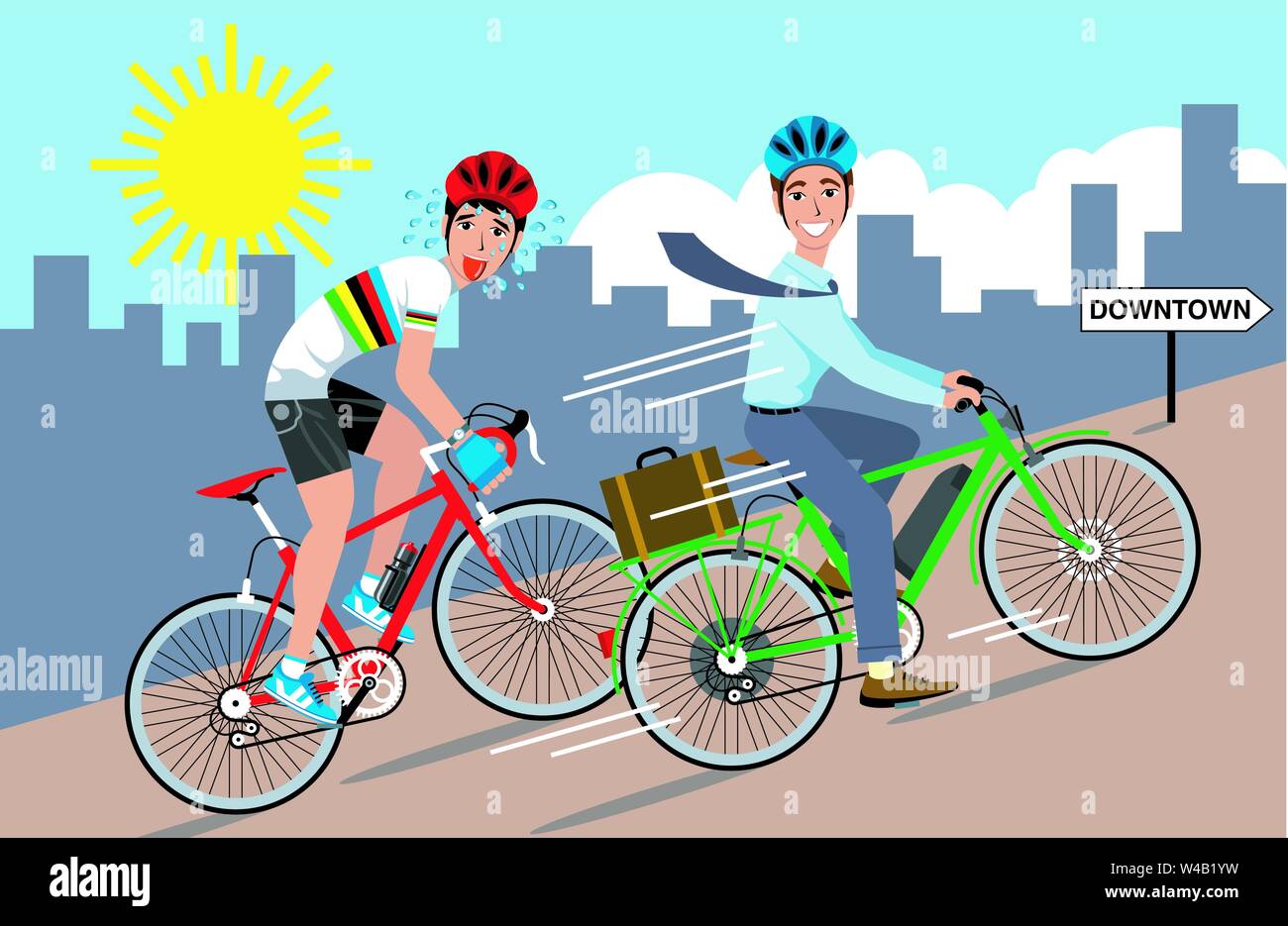 Illustrazione di due ciclisti andando su per una collina ripida uno su un verde bicicletta elettrica e le altre su un pedale rosso bike. Illustrazione Vettoriale