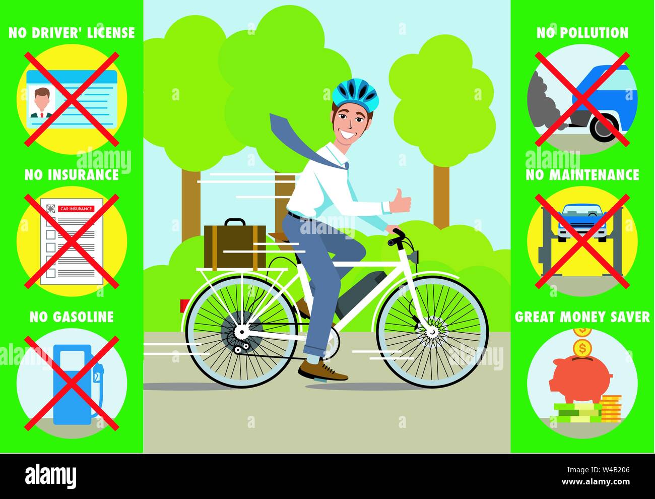 Illustrazione di una bicicletta elettrica e pilota in campagna con sei pollice unghie immagini a indicare il risparmio di denaro. Illustrazione Vettoriale