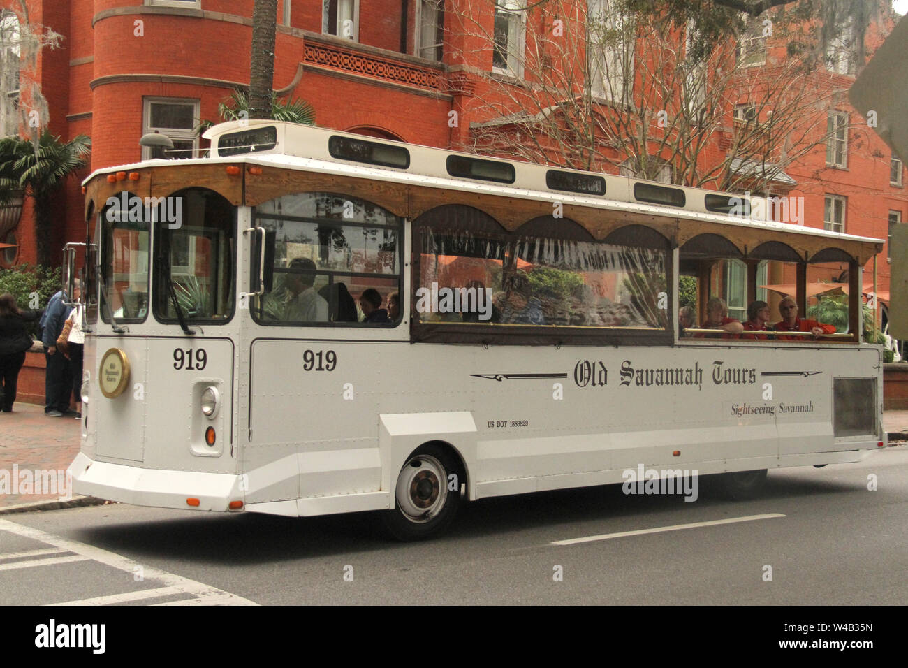 La Old Savannah tour in autobus di Savannah Historic District. Il Savannah, GA, Stati Uniti d'America. Foto Stock