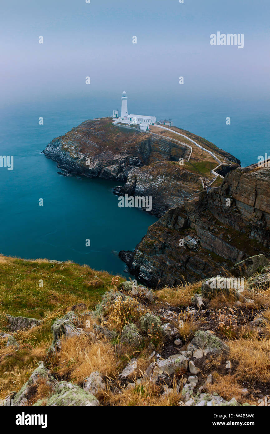 A sud del faro di stack in una nebbiosa giornata estiva, Anglesey, Galles Foto Stock