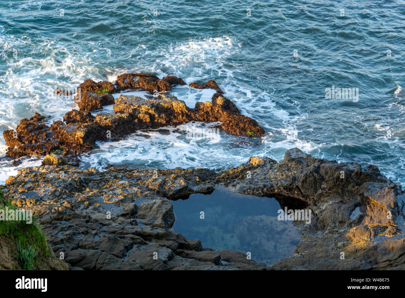 Spruzzi delle onde contro le rocce a bassa marea formare un pool di marea in laguna Beach. Pozze di marea sono habitat di animali adattabile studiato dai biologi marini. Foto Stock